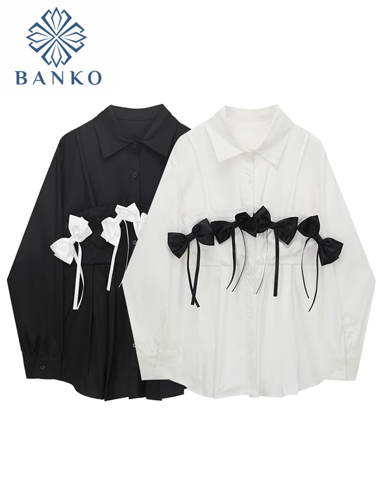 2022 Spring Autumn Women's Cute Tops Preppy Style Vintage Korea Design Blouses Button Elegant Sweet Bow Aesthetics Mujer Shits