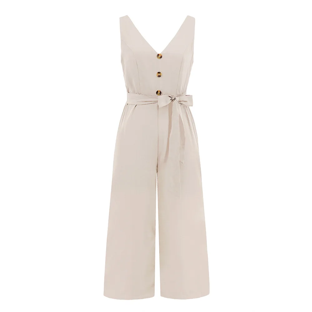 Sexy Sleeveless Jumpsuit Button Female Belt Decor V-Neck Sleeveless Slim Hips 2023 New Summer Jumpsuits Women Office Lady