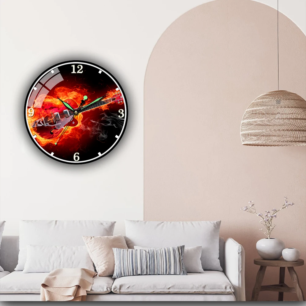 

Design Guitar On Fire Electric Guitar Wall Clock For Home Office Wall Decoration Living Room Bathroom Decor