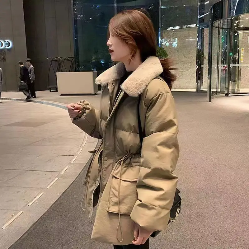 Female Drawstring Waist Coats New Winter Korean Elegant Thick Cotton Coat Womens Outerwear Faux Rabbit Fur Lapel Warm Jackets