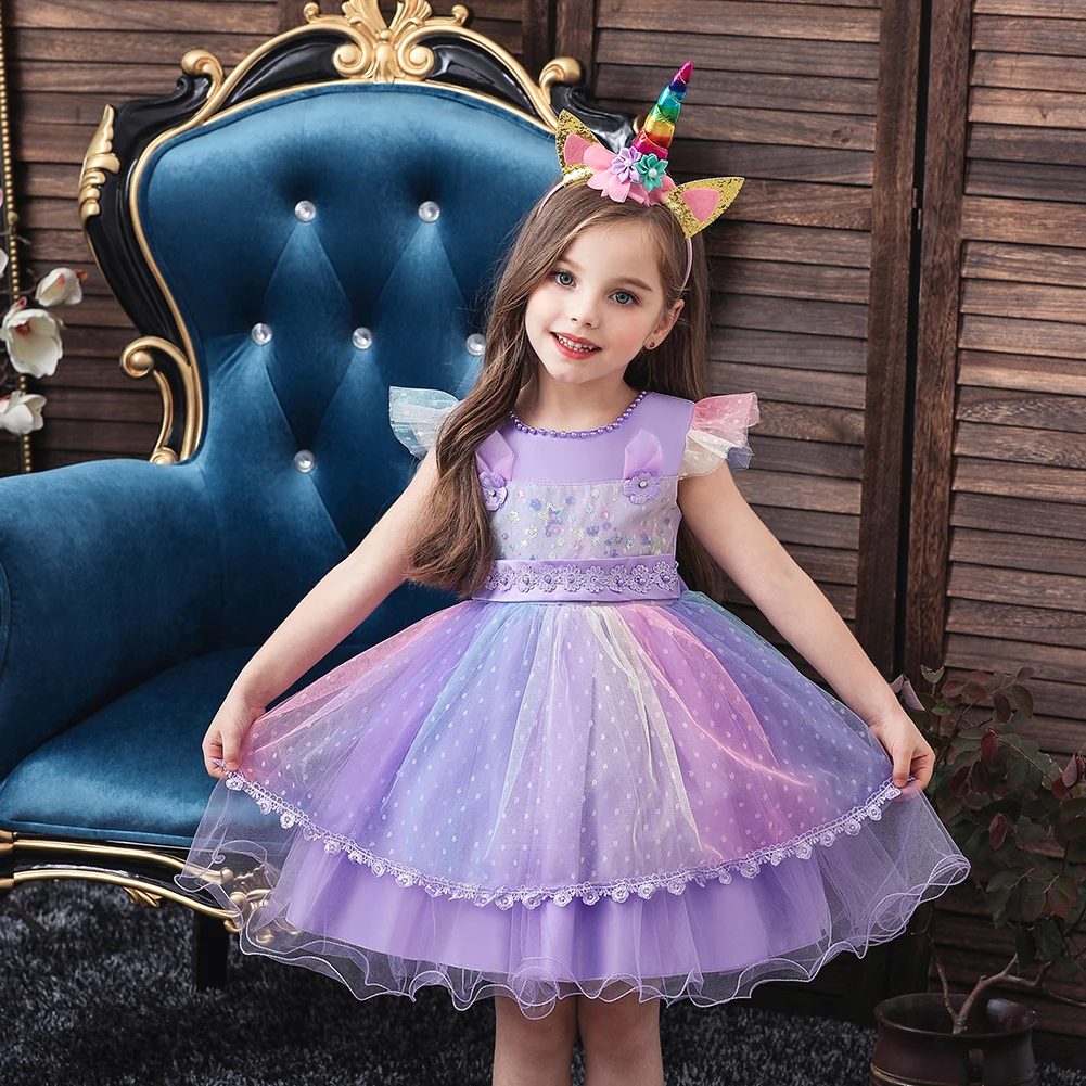 

Child Wedding Flower for Girl Princess Dress Beaded for Festival Party Lovely Purple Night Clothing Baby Girl Frock for Baptism