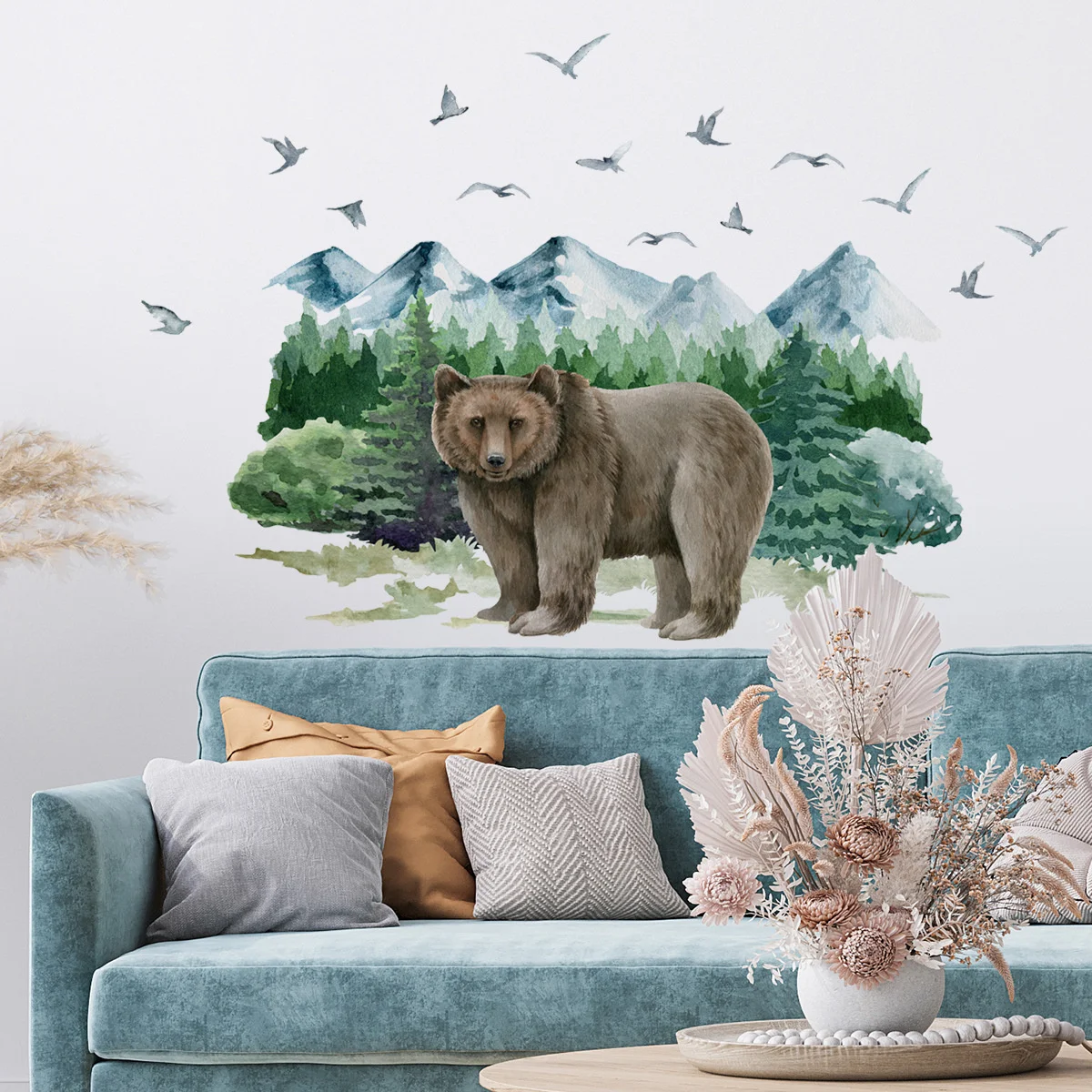 

Simulated Bear Natural Scenery Paiting Wall Decor Creative Mountain Birds Living Decor Fresh Children' S Room Wall Stickers