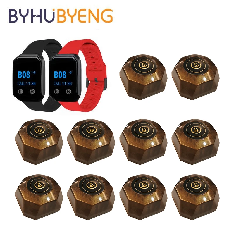 

BYHUBYENG Restaurant Pager Hookah Call Waiter System Table Bell Pagers 2 Watch Receiver 10 Call Button Cafe Clinic