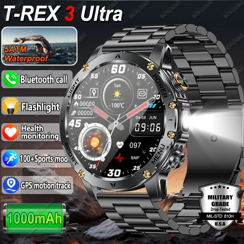 Фото Военный класс, новый аккумулятор 1000 мАч T-Rex 3, уличные умные часы для мужчин, 5 атм, водонепроницаемые, GPS HD AMOLED, Bluetooth-вызов, 100 + спортивные часы №1