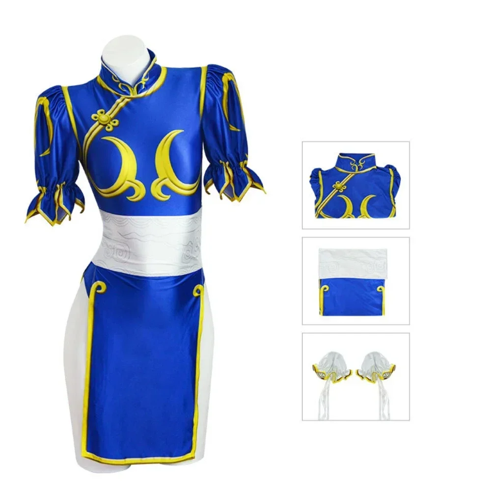 Игра Sutorito Faita Chun Li Косплей Костюм Платье Chunli Blue Cheongsam Экипировка Полный комплект