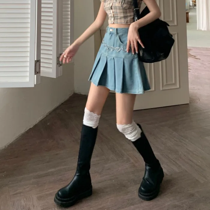 Летние женские джинсовые юбки с высокой талией плиссированные в стиле Харадзюку