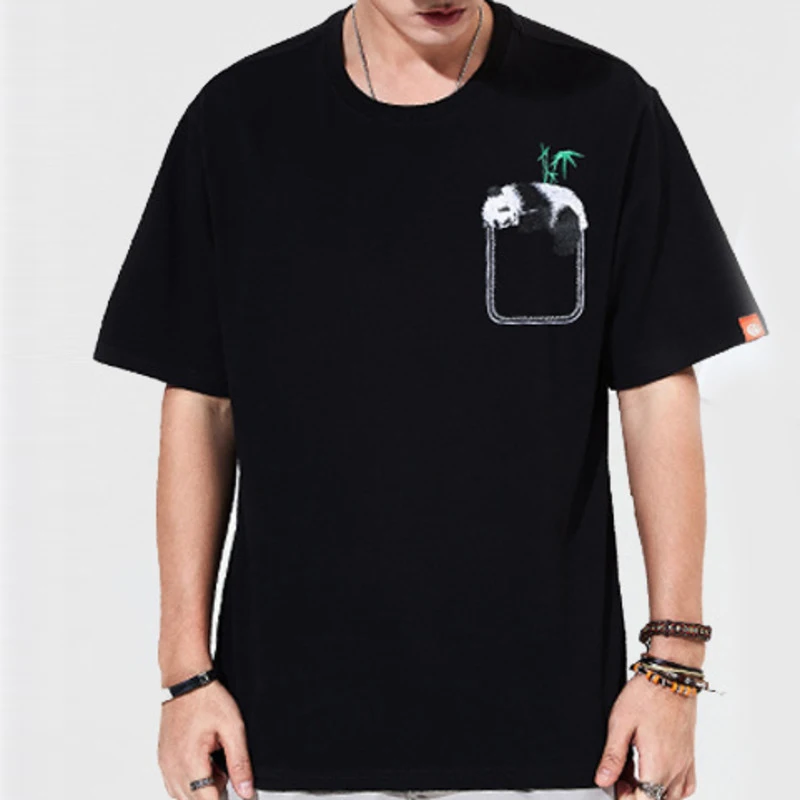 Футболка мужская с вышивкой панды модный Свободный Топ карманами тенниска