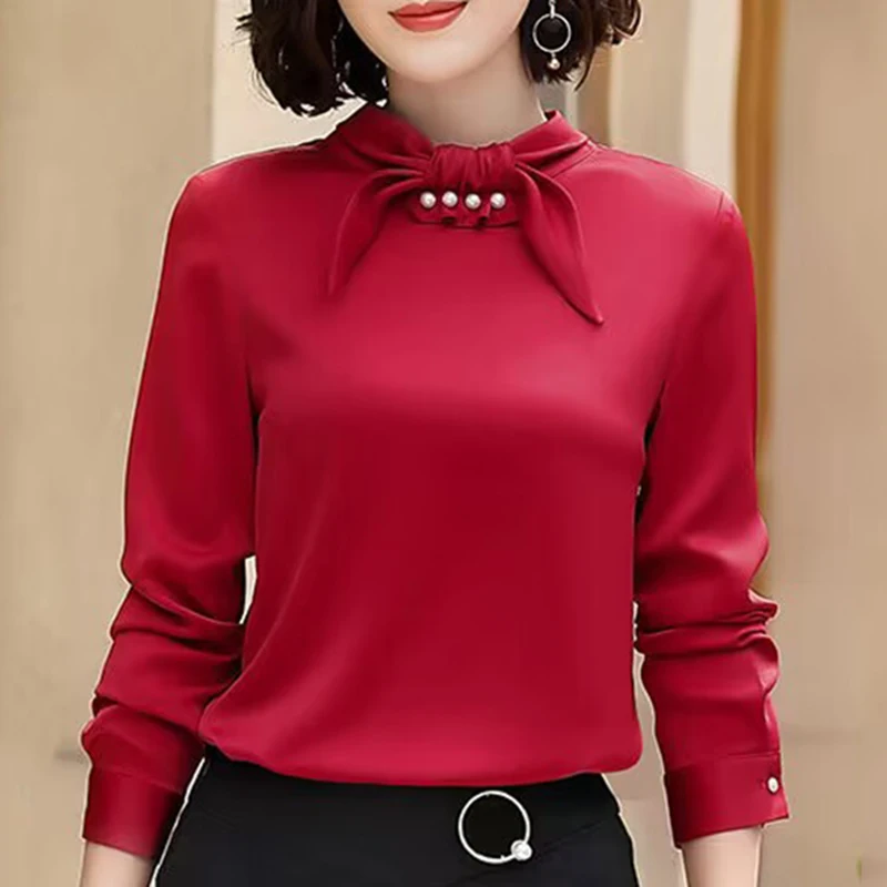 

Новинка, элегантные шелковые блузки, Женская атласная рубашка с бисером, модель 2023 года, Женская Офисная мягкая блузка с длинным рукавом