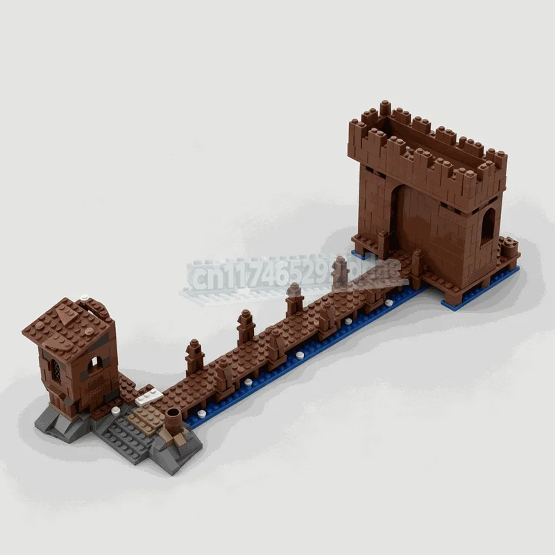Фото НОВИНКА: 512 ДЕТАЛЕЙ MOC. Средневековая сцена с деревянными воротами, башней, причалом и мостом. Конструктор для самостоятельной сборки. Креативный архитектурный конструктор. Подарок. №1