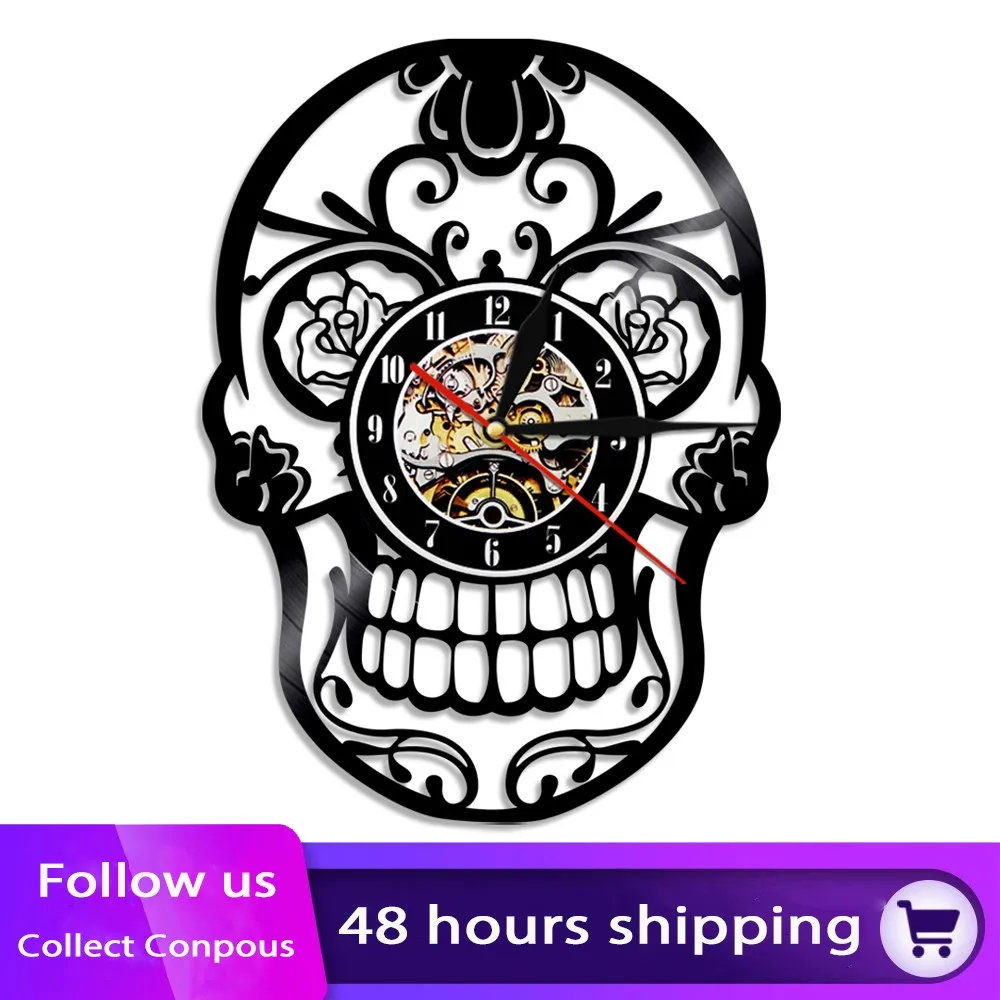 

Skull With Rose Vintage Vinyl Record Wall Clock Punk Skeleton Skull Wall Clock With LED Backlight Horron Halloween Decor Gift