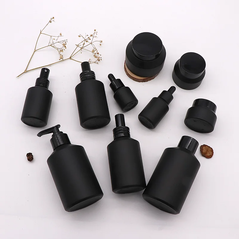 

Frosted matte black Round special-shaped cream glass bottle and jar 30ml 60ml 200ml cosmetic glass jars packaging for lotion