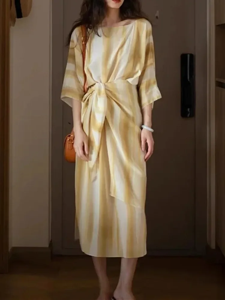 

Ink Gradient Striped Women Short Sleeve Midi Dress Waist Lace-Up Dresses Female French Elegant Long Robes 2022 New