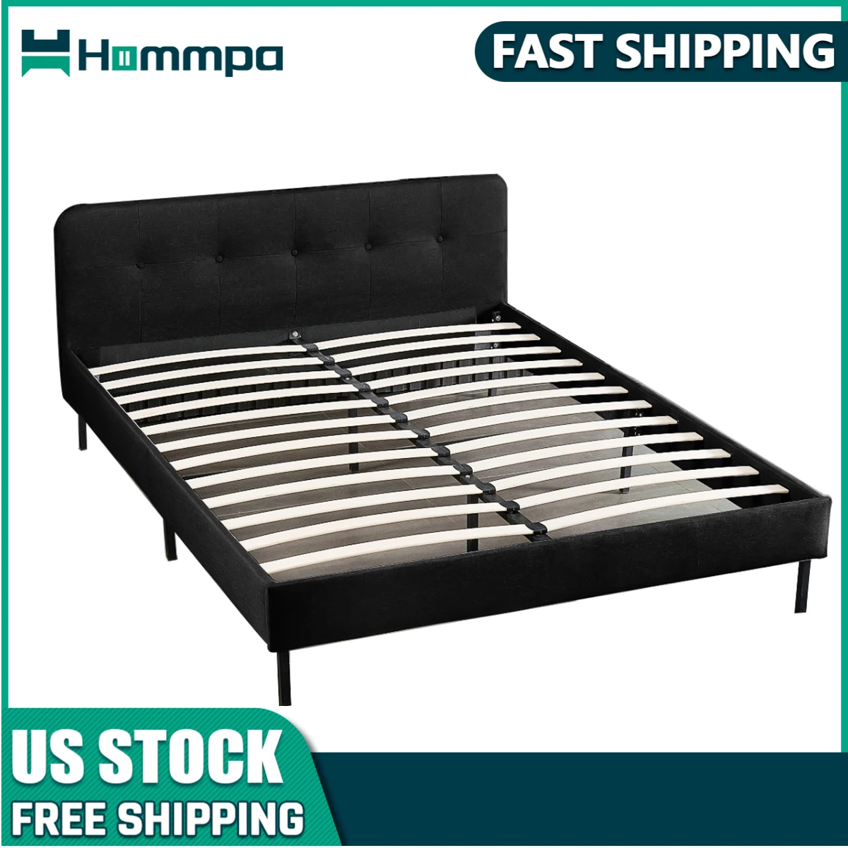 

Black/Grey Modern Platform Bed Frame with Wooden Slat Support Queen Size Without Mattress Bedroom Furniture 83x63x33inch