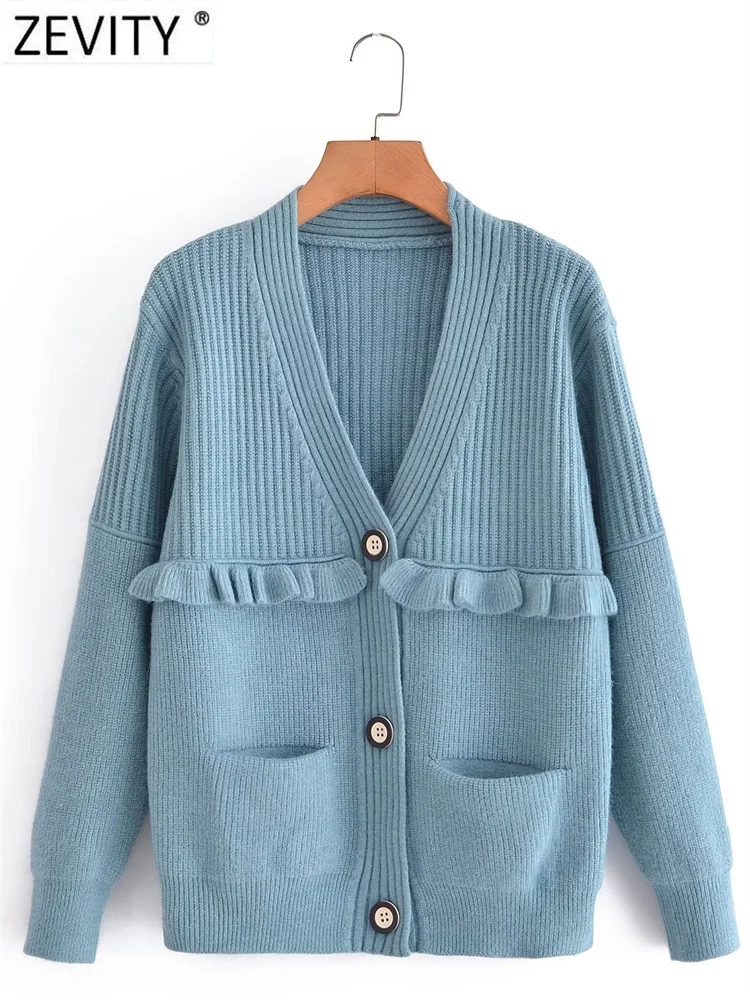 

Модный женский вязаный кардиган Zevity с двойными карманами и оборками, свитер, женские шикарные повседневные свободные топы с V-образным выре...