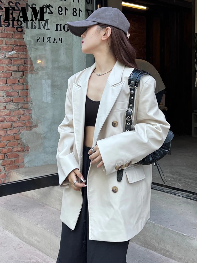 

[EAM] женский бежевый блейзер из искусственной кожи большого размера, новая свободная куртка с отворотом и длинным рукавом, модная демисезонн...