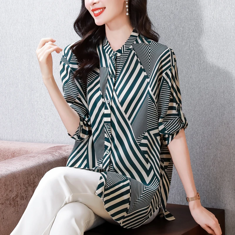 

YCMYUNYAN Silk Striped Women's Shirts Prints Blouses O-neck Ladies Clothing Summer 2023 Loose Short Sleeves Satin Casual Tops