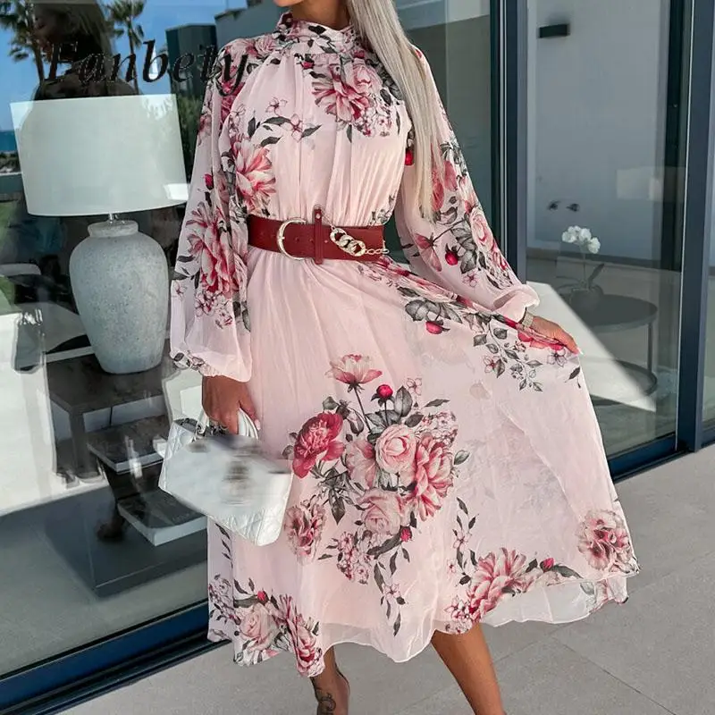 

Элегантное плиссированное платье с О-образным вырезом и поясом, уличная одежда, праздничное женское платье для отдыха с принтом, модные шифоновые длинные платья в стиле бохо с цветочным принтом и V-образным вырезом