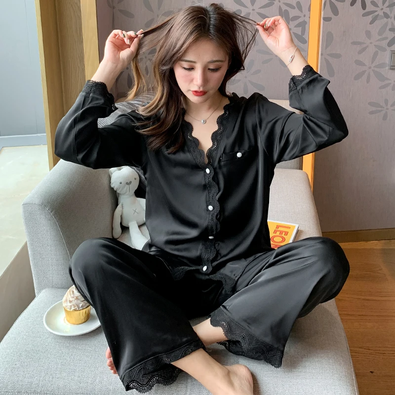 

White silk like women's pajamas set autumn long-sleeved nighties palace style sleepwear set black beautiful home nighty suit