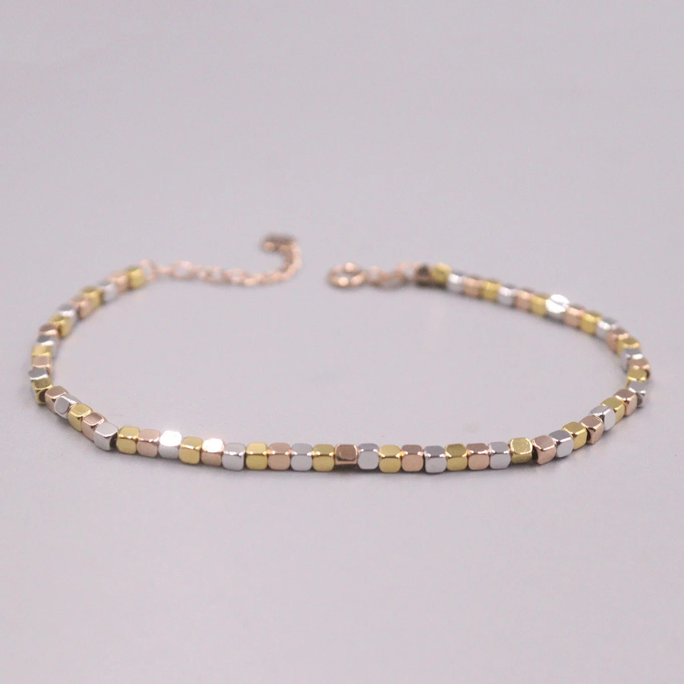 

Pure 18K Multi-tone Gold Bracelet For Women 2mm Solid Square Bead Link Bead 15.5cm Add 3cm Extender Length Stamp Au750