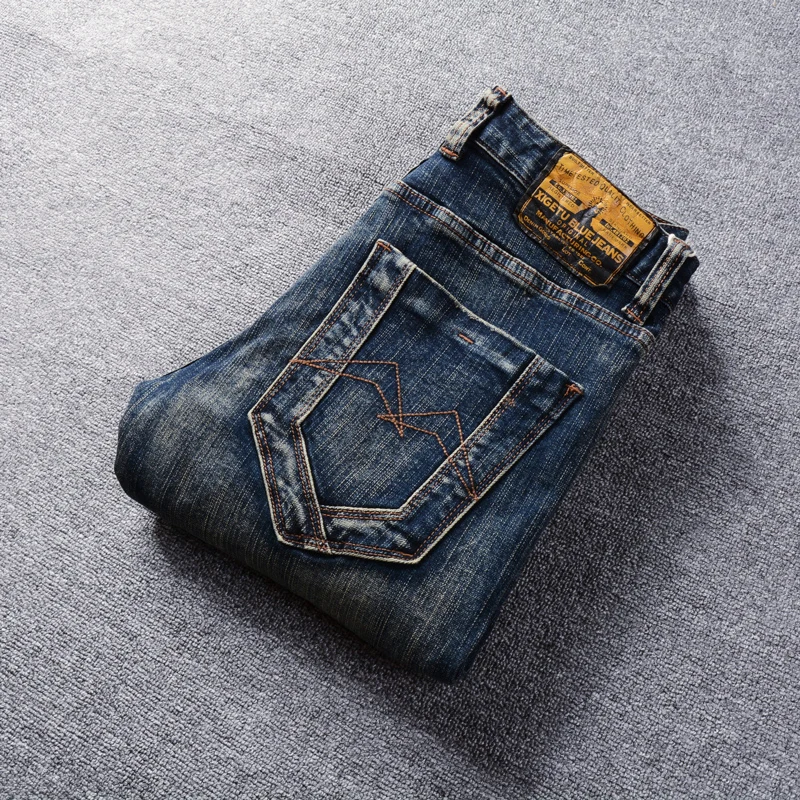 Fashion Trendy Men Jeans Retro Black Blue Elastic Stretch Slim Fit Ripped Jeans Homme Embroidery Patched Vintage Denim Pants Men