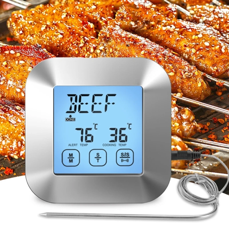 

Kitchen Digital Cooking Thermometer Temperature for Oven Grill BBQ Alarm Setting with Stainless Steel Probe