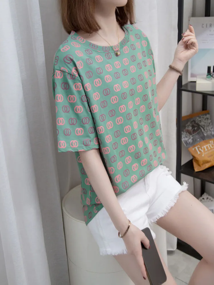 

Oversize Polka Dot Cotton Basic T-shirt Women Summer Casual Loose Short Sleeve Large Tshirt 100KG Female Vintage Tops L-4XL
