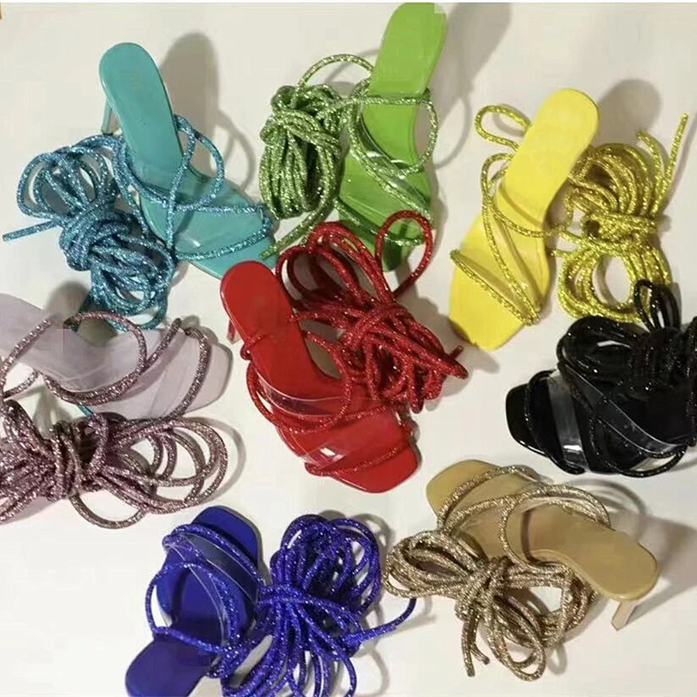 Women's Stiletto Square Toe Roman Shoes Ankle Rhinestone Cross Strap Slim Sexy Thin Heel Bling Solid Color Summer Sandals