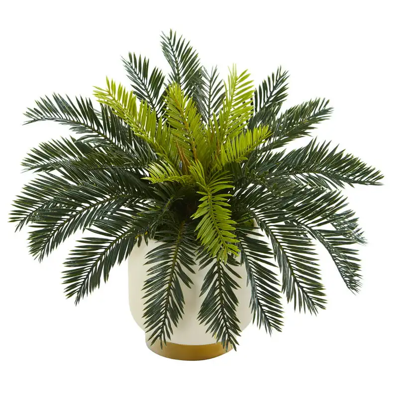 

15" Plastic Cycas Artificial Plant in Cream Planter with Gold Base