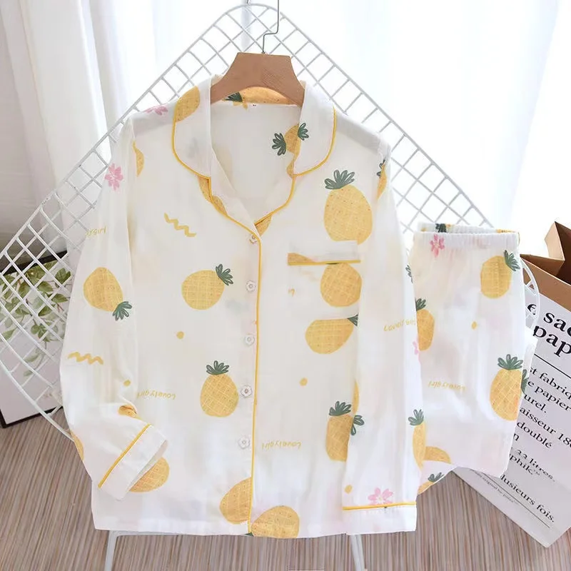 100% Cotton Women Pajamas Set 2 Piece /Set Turn-Down Collar Long-Sleeve Trousers Casual Sleepwear Female Homewear