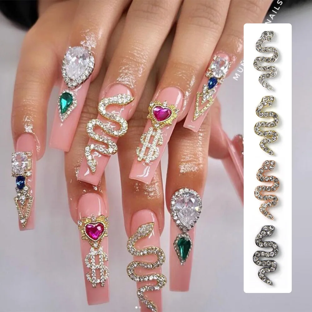 

17*7mm XL Savage Snake Nail Charms Diamonds Inlay Metallic Snake Alloy Cool Stylish Finger Embellish Nail Art Premade Jewelry 3D