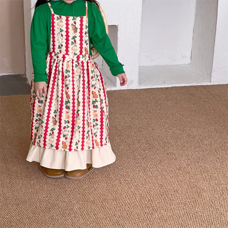 

Korean Children's Clothing 2022 Autumn New Girl Rabbit Cartoon Cute Strap Dress Korean