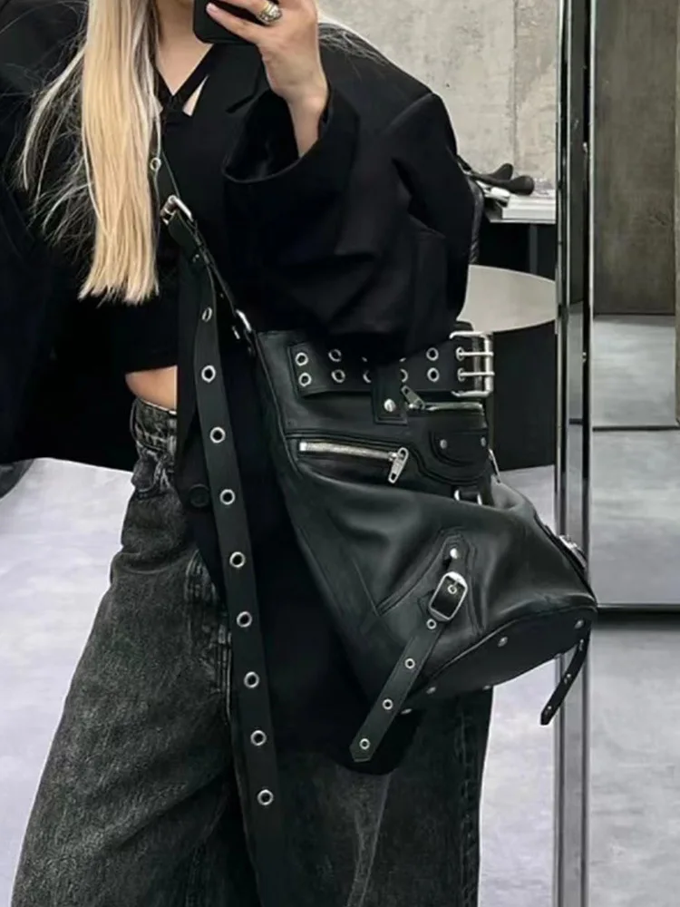 

JIAERDI High Street Vintage Handbag Women New Rivet Large Capacity Casual Crossbody Bags Ladies Moto Biker Black Messenger Bag