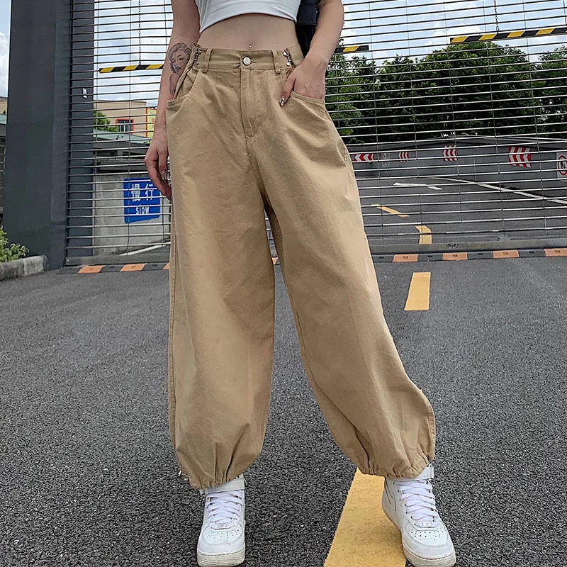 

Модные свободные брюки-карго цвета хаки Y2K в стиле хип-хоп свободные длинные брюки с регулируемой талией на шнуровке уличная одежда 90-х осень