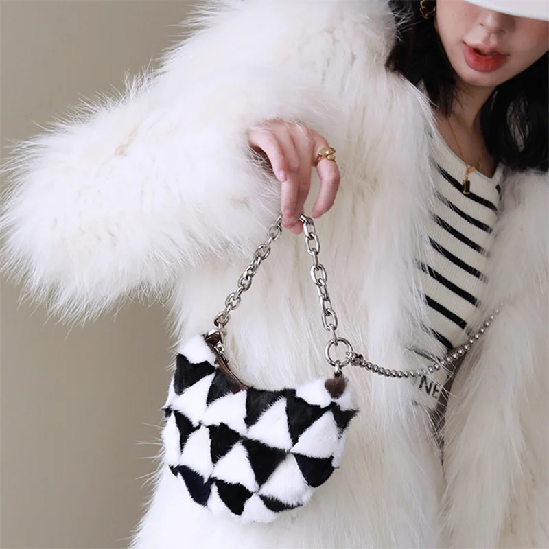 

Women's Mink Fur Armpit Shoulder Bag Small Shoulder Purse Underarm Bag Brand Clutch Female Tramp Winter Plush Handbag Bolso New