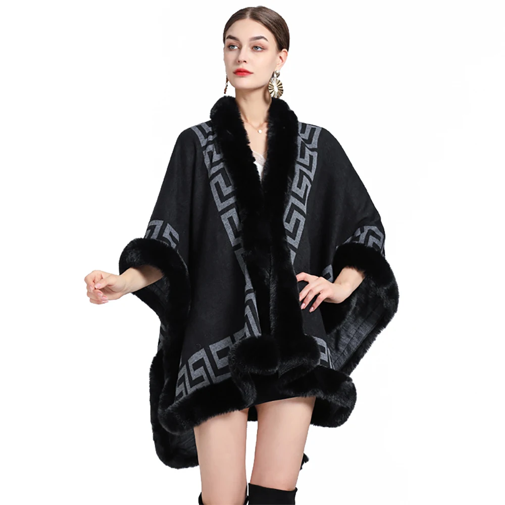 

Women Rex Rabbit Faux Fur Shawl Lady Cashmere Feel Mantle Fall Winter Elegant Wrap Luxury Warm Overcoat Classic Vintage Cloak