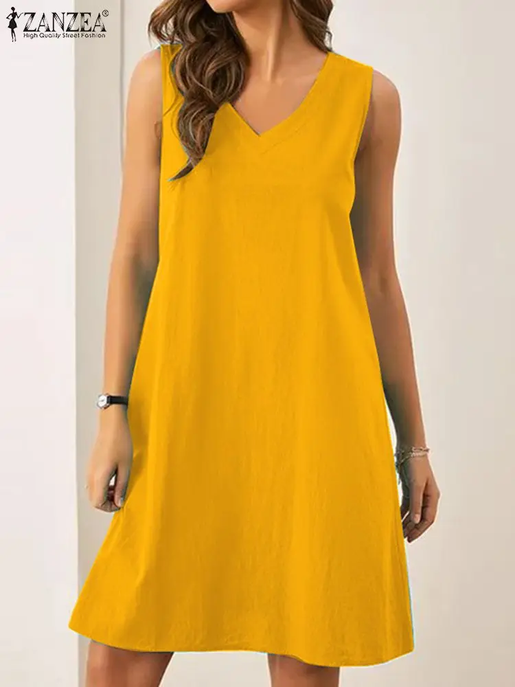 

ZANZEA Summer Mini Beach Dress For Women Causal Sleeveless Tank Sundress Female V Neck Solid Knee Length Robe Baggy Work Vestido