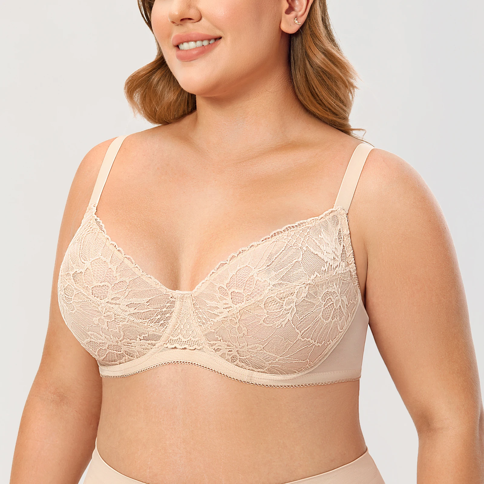 Women's Lace Bras Underwire Full Coverage Minimizer Plus Size Seamless Transparent Unlined Bra