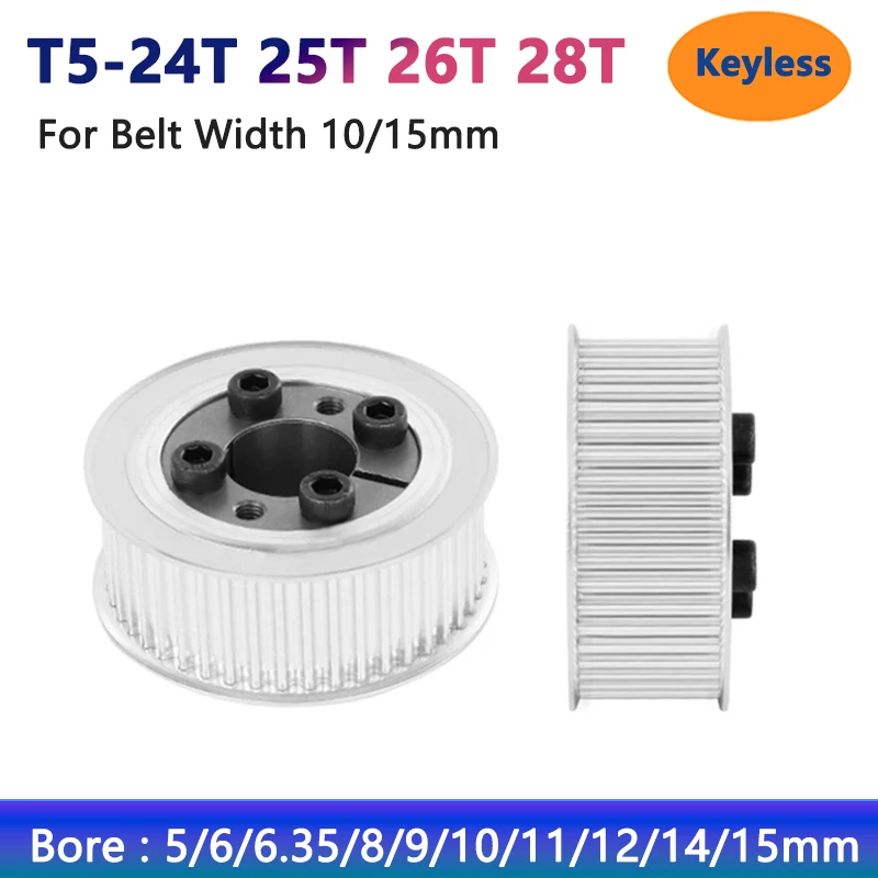 

1pc 24T-28T T5 Timing Pulley Keyless Bushing Bore 5 6 6.35 8 9-15mm 24 25 26 28 Teeth Synchronous Wheel for Belt Width 10/15mm