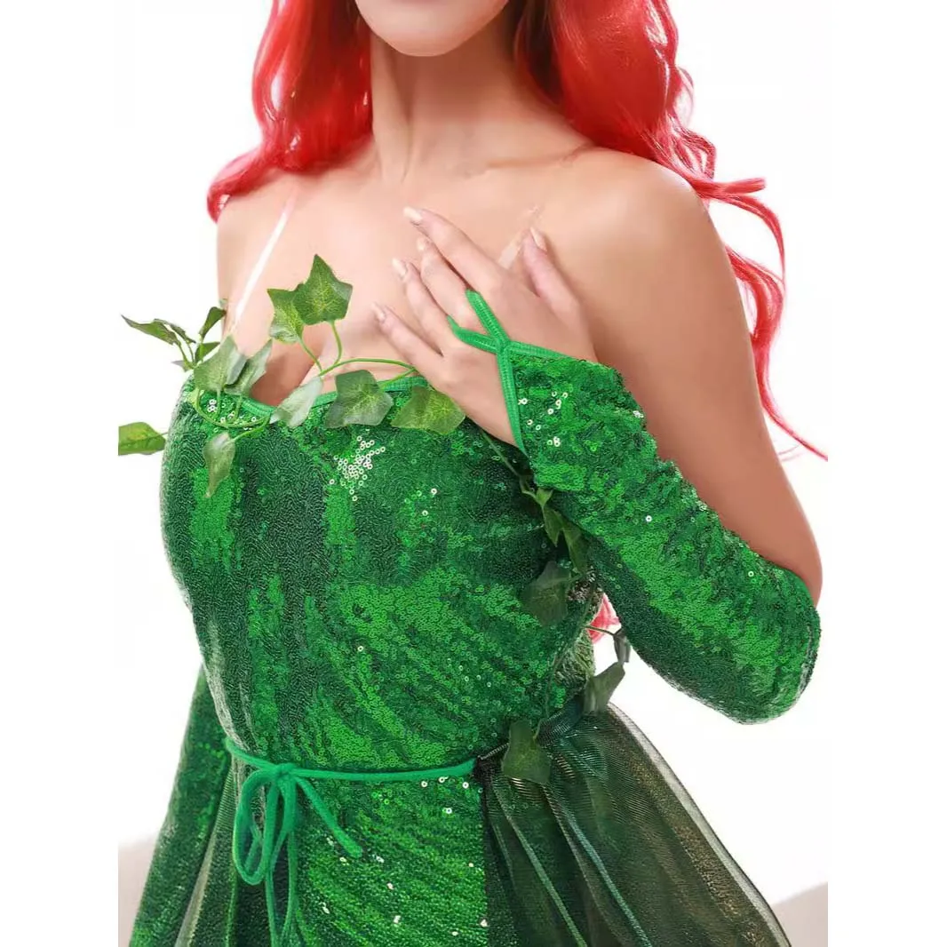 Хэллоуин Лист Зеленый Яд Плющ Косплей Костюм Платье без бретелек с блестками и