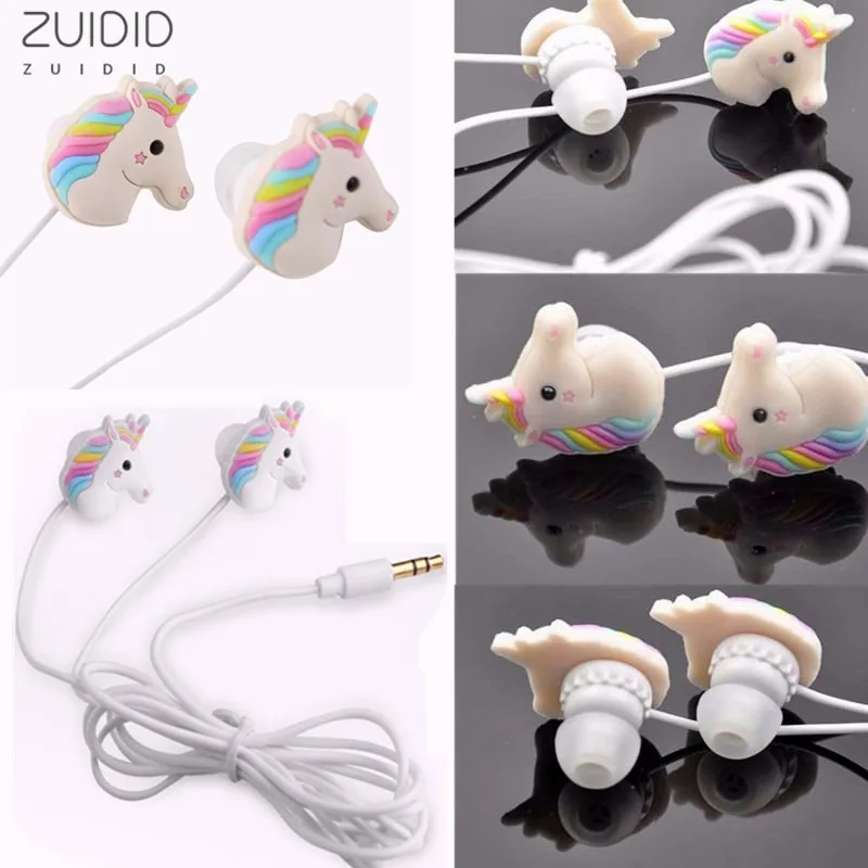 Cartoon Wired Headphones Cute Rainbow Horse Earphone 3.5mm With Mic Colorful For Kids Girls Gifts Ship Immediately
