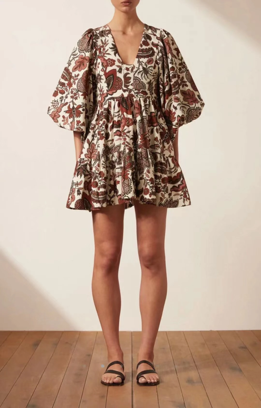 

2022 New Catalina Print V-neck Linen Blended Lantern Sleeve Short Dress