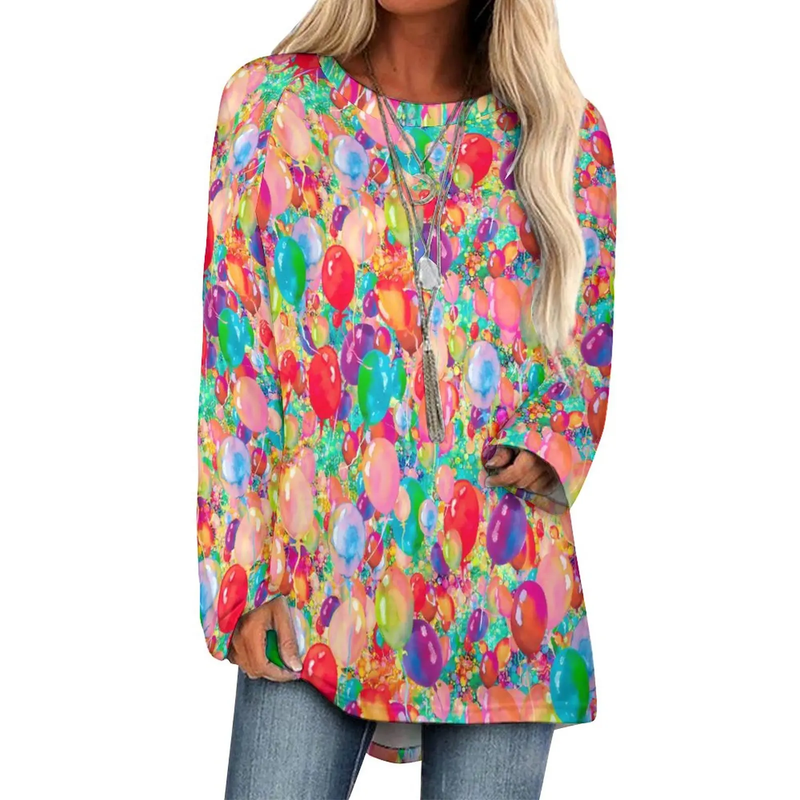 

Sweet Balloon T Shirt Colorful Print Vintage Long Sleeve T Shirts Woman Classic Tee Shirt Oversized Printed Clothes