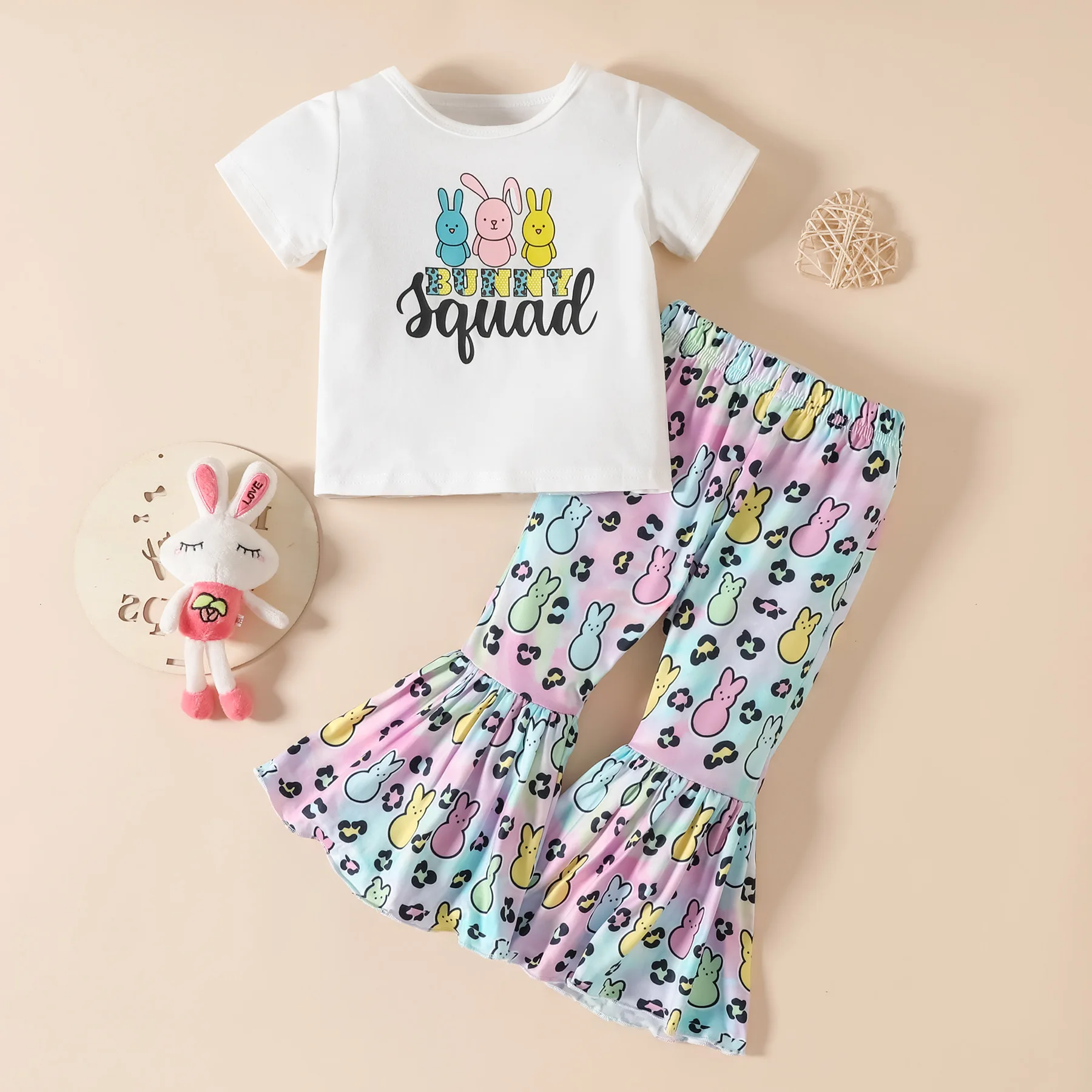 

2023 Easter outfits for girl / toddler girl clothes / short tshirt + flare leggings set / Bunny print girl clothes