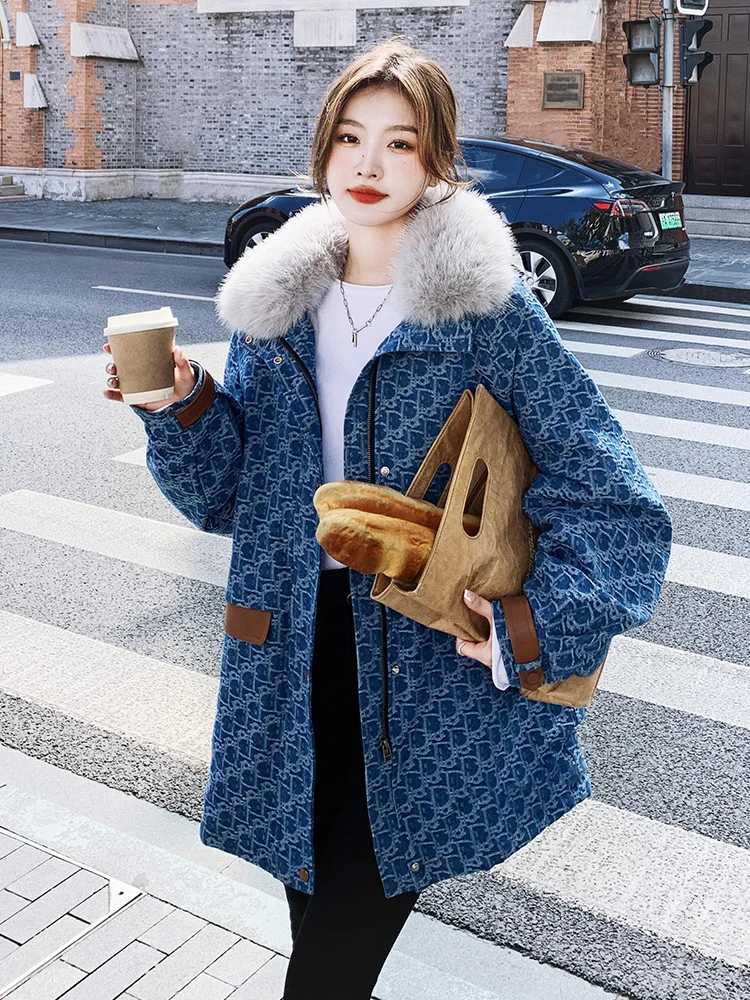 Джинсовое пальто с цветочным принтом женская зимняя утолщенная куртка Parker на