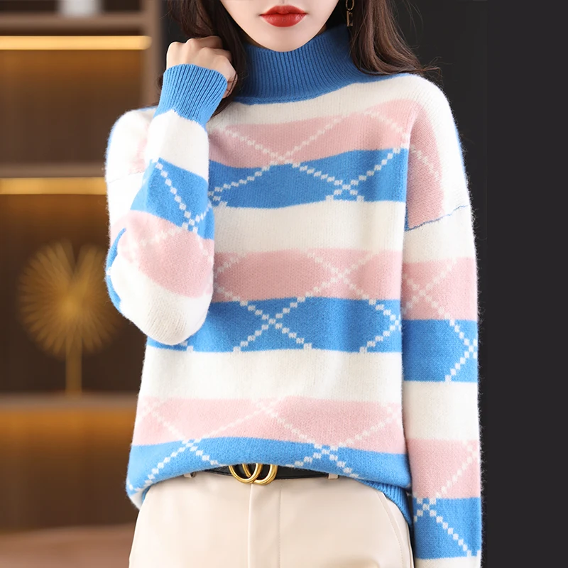 Ladies 100% Cashmere Wool Sweater Autumn Winter Collection 2022 New Knitted Half Turtleneck Long Sleeve Sweater Loose Pullover