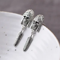 vintage silver color indian skull feather dangle drop earrings for mens womens goth punk earrings party jewelry accessories