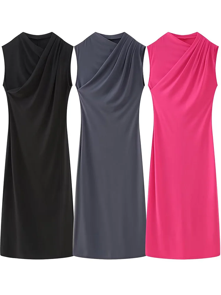 

DUOPERI Women Fashion Solid Pleated Slim Fitting Midi Dress Vintage V-Neck Sleeveless Female Chic Lady Dresses