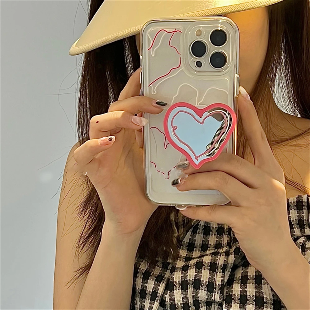 

New 2022 Korea Cute Love Heart Mirror Bracket Clear Phone Case for IPhone 13 12 11 Max X XR 7 8 Plus Soft Shockproof Back Cover