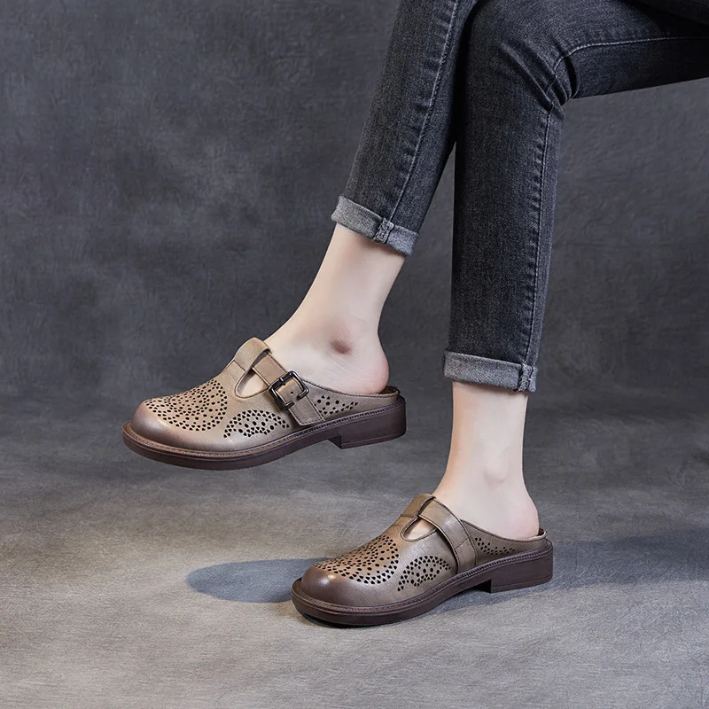 

Шлепанцы женские из бычьей кожи, Перфорированные дышащие, натуральная кожа, летние сандалии, без задника