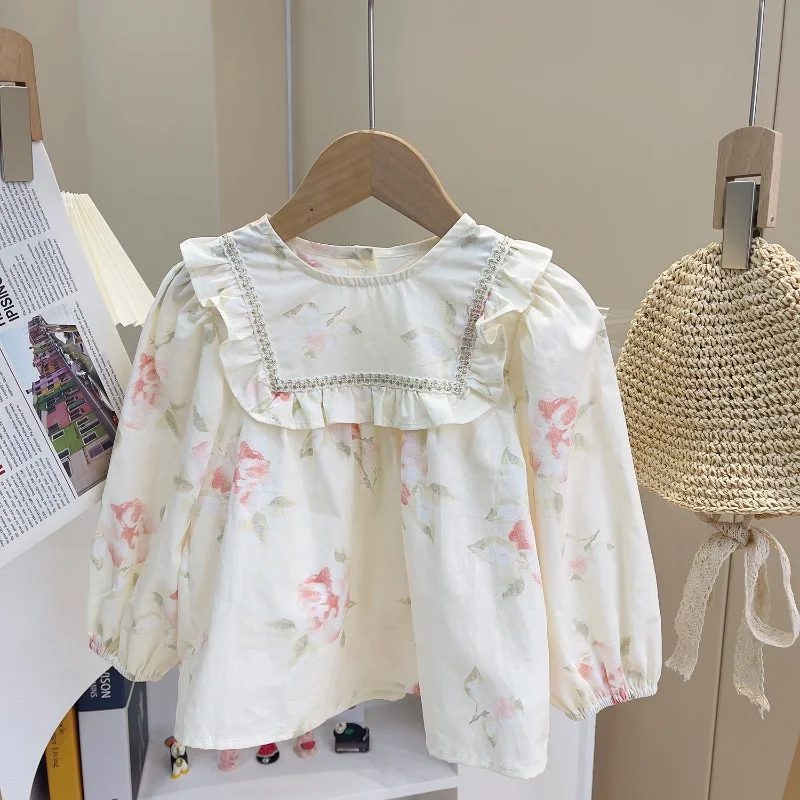 Girl's Shirt Spring Clothes Retro Small Fresh Flower Lace Collar Lantern Sleeve Doll Shirt